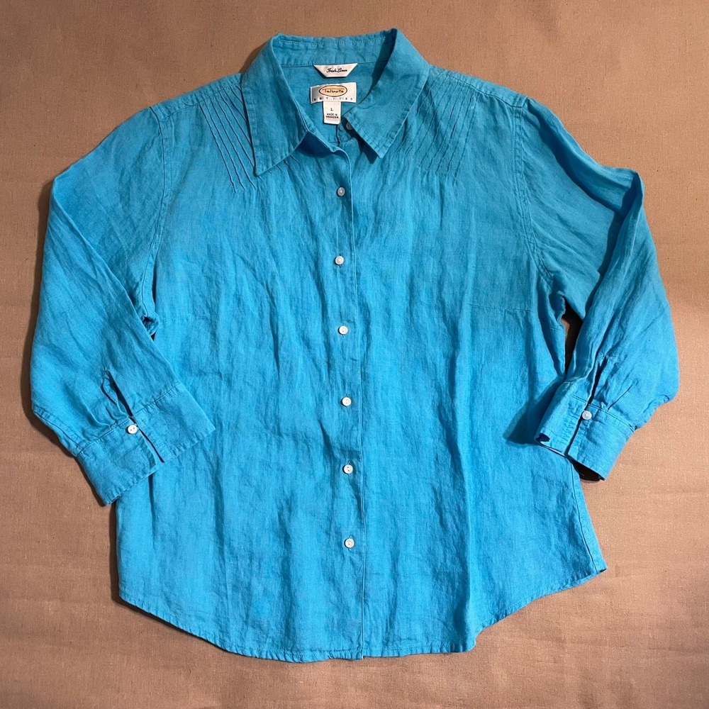 Talbots Irish Linen Blouse Sz L Petite Blue Coastal Grandma Lightweight Travel